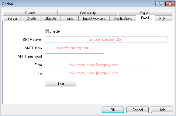 Настройки электронной почты MT4